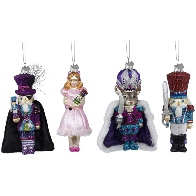 Kurt Adler Noble Gems Glass Christmas Tree Ornaments, Nutcracker Suite, 4 Piece Set
