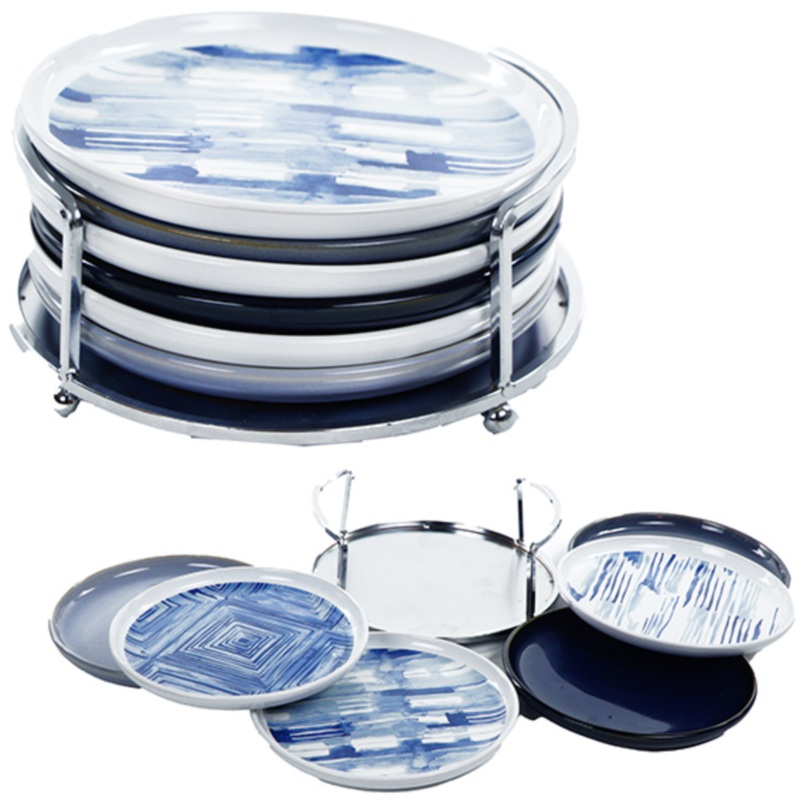 Appetizer Plates w/Caddy Indigo, 6.5″, 6Ct