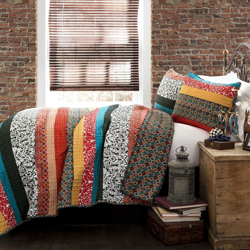 King size 3-Piece Quilt Set in Modern Colorful Stripe Geometric Floral