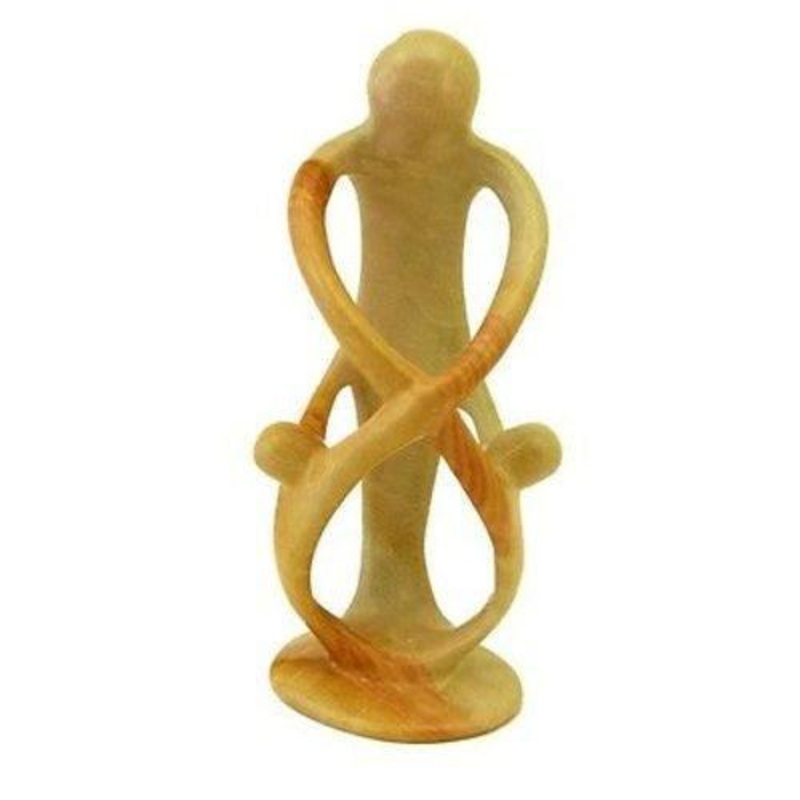 Natural 8-inch Tall Soapstone Family Sculpture – 1 Parent 2 Children – Smolart