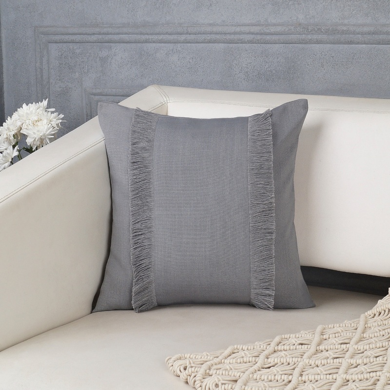 Bohemian Double Fringe Pillow Cover – Charcoal Grey