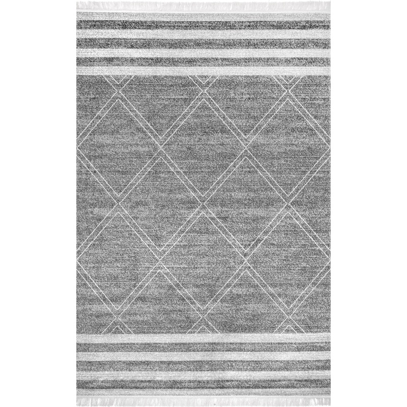 Diamonds And Stripes Fringe Indoor/Outdoor Rug | Grey