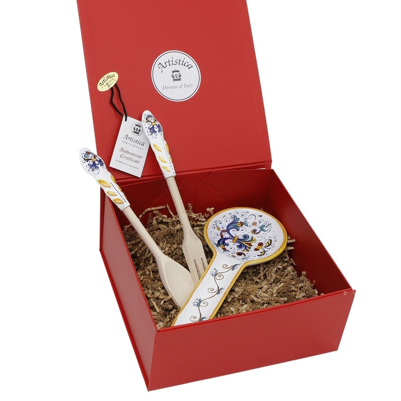 GIFT BOX: DeLuxe Glossy Red Gift Box with Spoon rest + Pair of Utensils in Ricco Deruta Design (Set as shown)