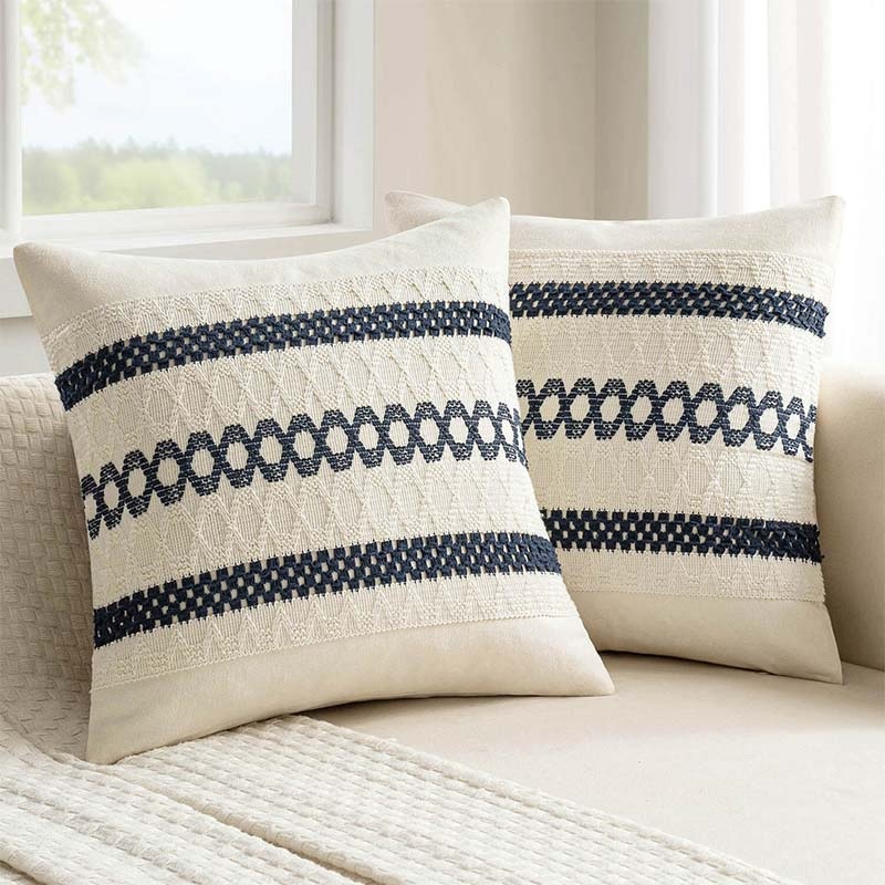 MIULEE Set of 2 Navy Blue Boho Decorative Pillow Covers 18×18 Inch Farmhouse Rustic Couch Throw Pillows Modern Spring Cotton Cushion Covers Retro Cute Macrame Woven Home Decor for Bed Sofa Chair