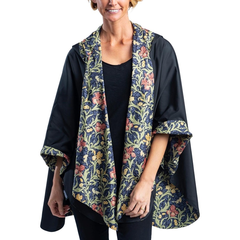 Black William Morris Golden Flowers Womens Rain Cape – Rainproof Breathable Rain Poncho