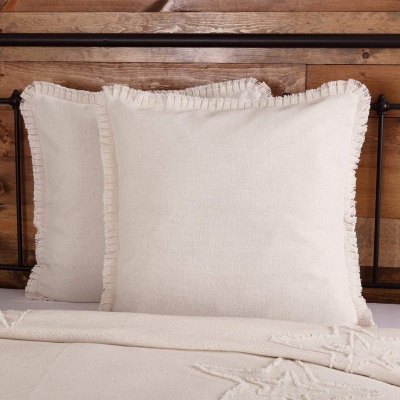 Burlap Antique White Fabric Euro Sham w/ Fringed Ruffle 26×26