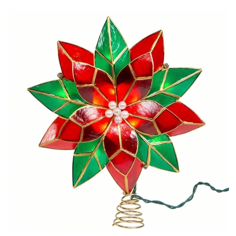 Kurt Adler 10-Light LED Capiz Poinsettia Tree Topper, Red & Green, 9.5″