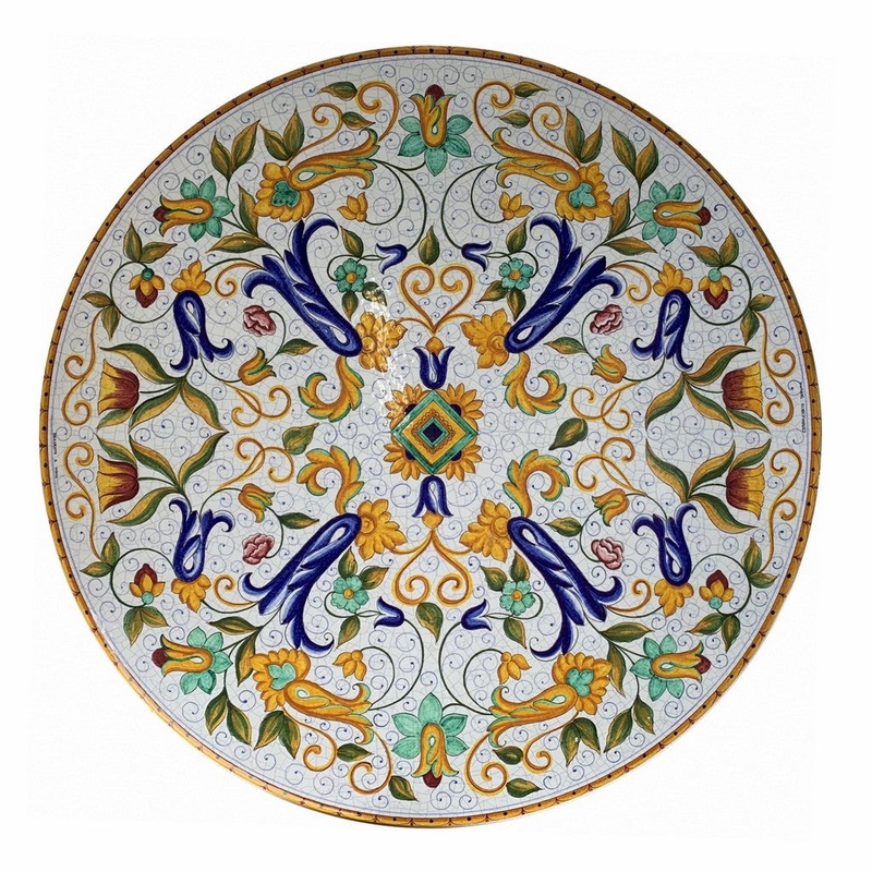 CERAMIC STONE TABLE + IRON BASE: PISA Design^ – Hand Painted in Deruta, Italy.