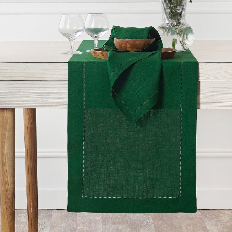 Forest Green Linen Table Runner – Hemstitch