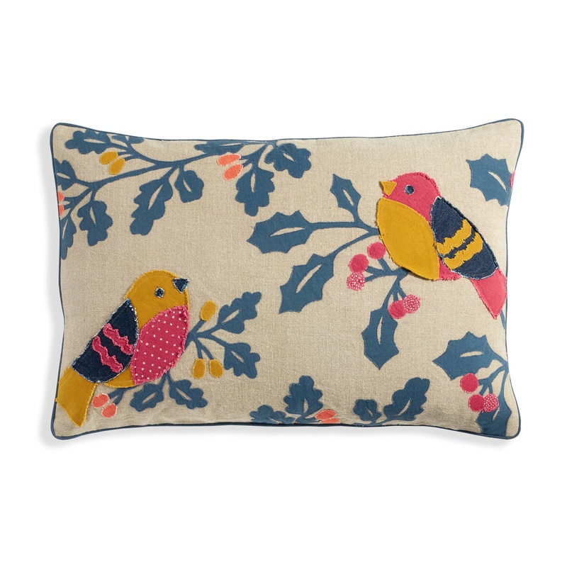 Holly Birds Applique Decorative Pillow Cover | Denim