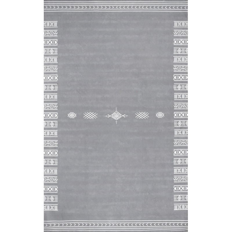 Martha Geometric Bordered Washable Rug | Grey