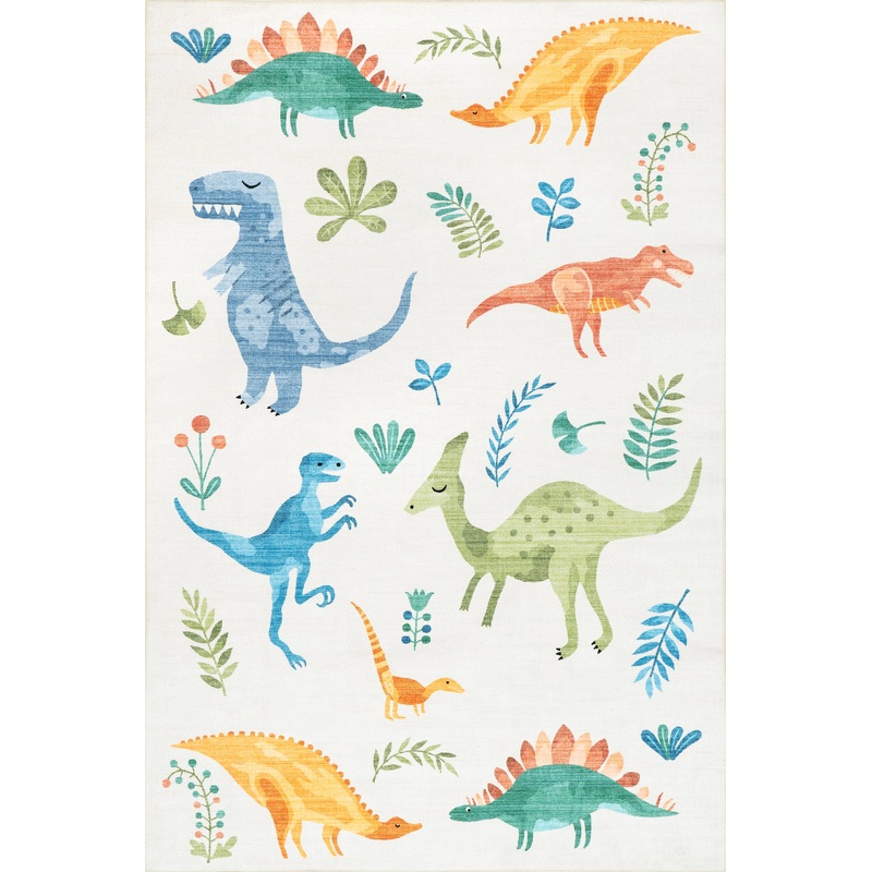 Kayleigh Kids Washable Dinosaur Rug | White Multicolor