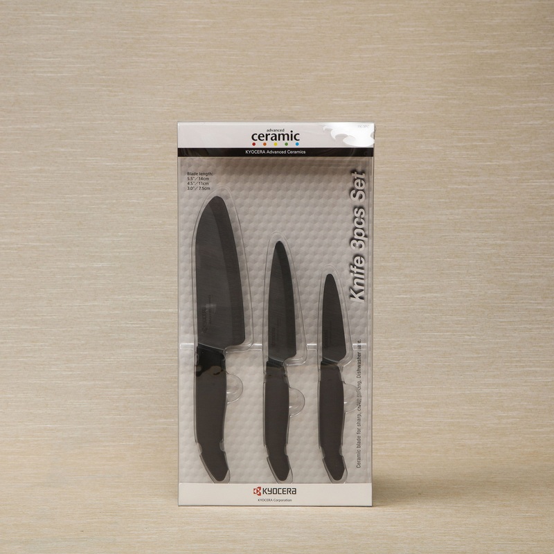 Revolution black ceramic 3-piece knife set including 5.5″ Santoku, 4.5″ Utility, and 3″ Paring