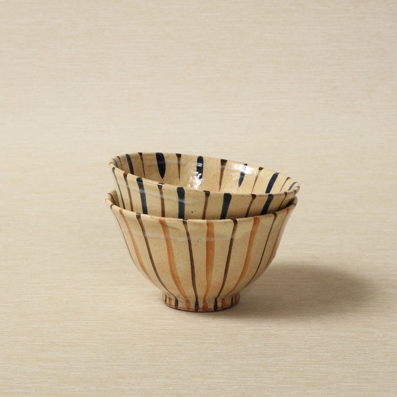 Japanese striped stoneware rice bowl