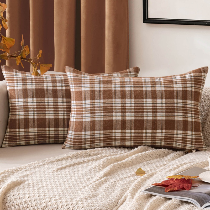 MIULEE Fall Set of 2 Scottish Tartan Plaid Lumbar Throw Pillow Covers Farmhouse Classic Decorative Square Cushion Cases for Decor Sofa Couch 12×20 Inch, Brown and White