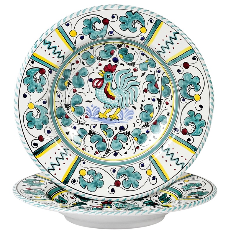 ORVIETO GREEN ROOSTER: Pasta/Soup Rimmed Bowl Plate