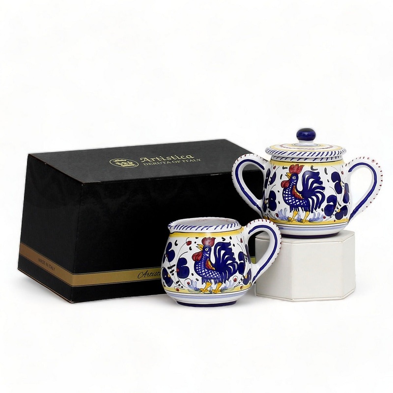 GIFT BOX: With authentic Deruta hand painted ceramic – Cream & Sugar Set Blue Rooster design