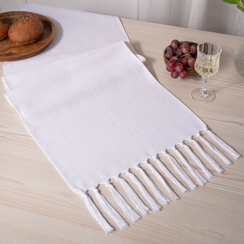 Chambray Cream & White Faux Linen Table Runner – Tassel