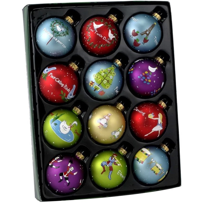 Kurt Adler Glass Ball Christmas Tree Ornament Set, 12 Days of Christmas, 2.5″ (12-Count)