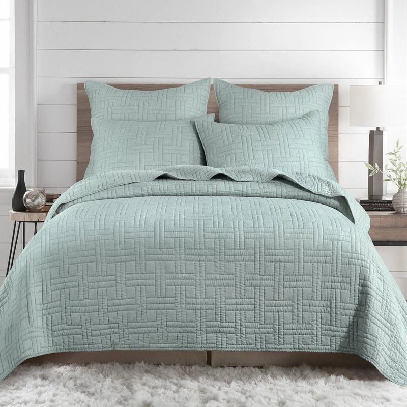 Melange Stitch Reversible Quilt Set – Seafoam