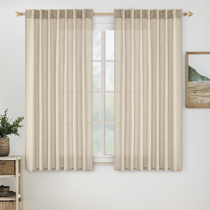 MIULEE Linen Curtains 63 Inch Length 2 Panels for Bedroom Living Room, Soft Thick Linen Textured Back Tab Window Drapes Semi Sheer Light Filtering Rod Pocket Modern Farmhouse Decor
