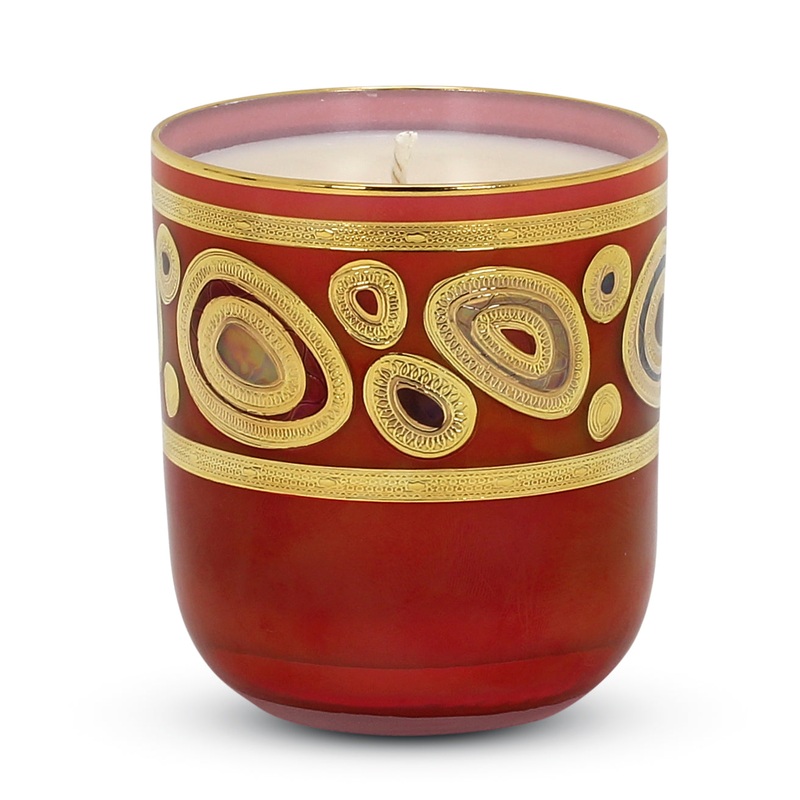 CRYSTAL CANDLES: Regalia Design candle with 14 Carats Gold finish Orange Glass  ~ (10 Oz)