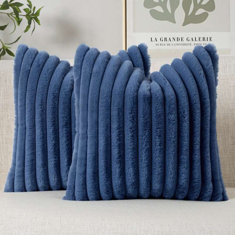 MIULEE Faux Fur Decorative Throw Pillow Covers 20×20 Inch Set of 2, Coastal Modern Art Home Decor Soft Plush Couch Pillows Cozy Fluffy Cushion Covers for Sofa Bed Navy Blue