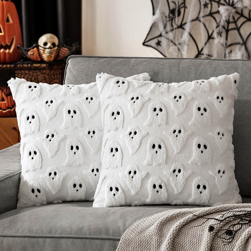 MIULEE Halloween Pillow Covers Ghost Spooky Throw Pillows Set of 2 Soft Plush Faux Fur Decorative Cushion Covers for Couch Sofa Bed Living Room Halloween Decor 16×16 inch White
