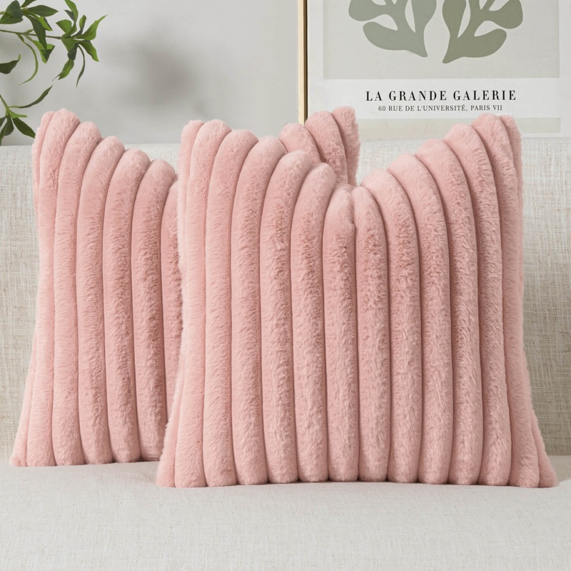 MIULEE Faux Fur Decorative Throw Pillow Covers 18×18 Inch Set of 2, Modern Spring Home Decor Soft Plush Couch Pillows Cozy Fluffy Cushion Covers for Sofa Bed Blush Pink