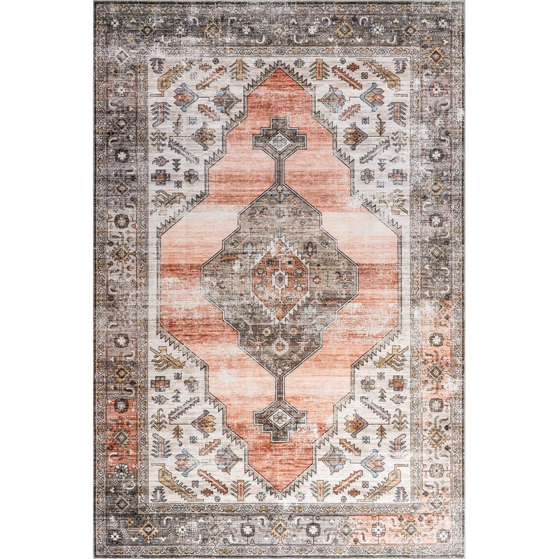 Native Iris Medallion Spill Proof Washable Rug | Peach