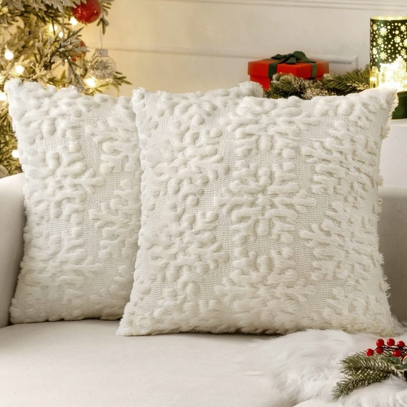 MIULEE Cream White Throw Pillow Covers Christmas Snowflakes Decorative Pillow Covers 16×16 Inch Soft Plush Faux Wool Pillow Covers Set of 2 Farmhouse Couch Pillows Home Decors for Sofa Livingroom Bed