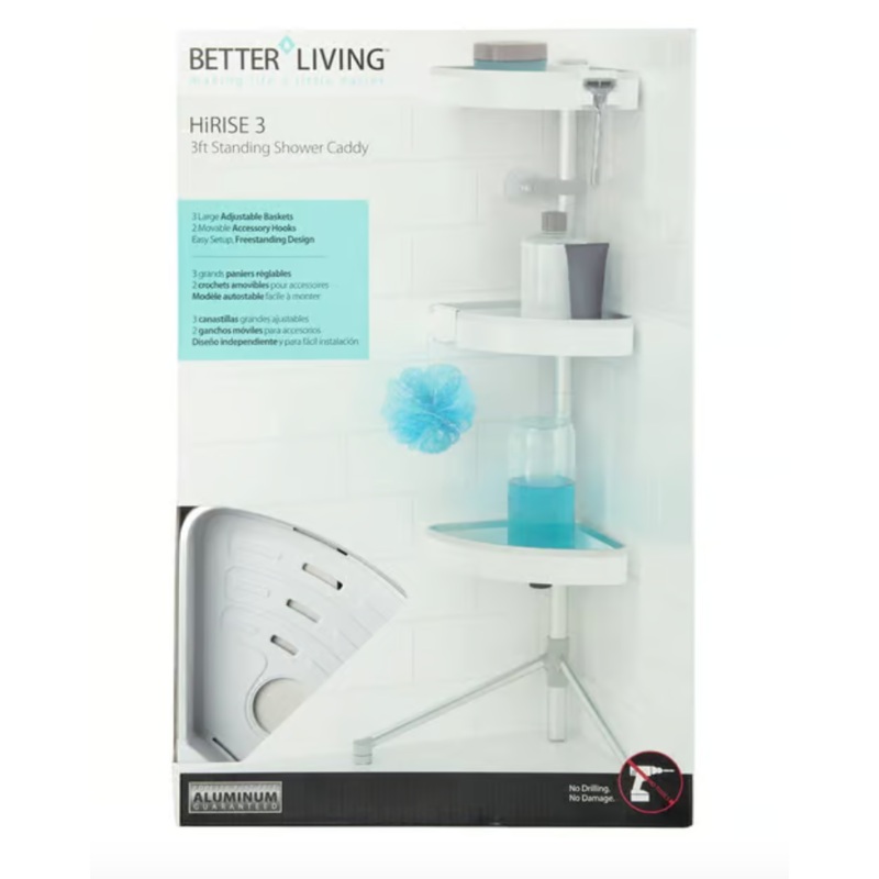 3′ Standing Shower Caddy White With Rust Free Aluminum