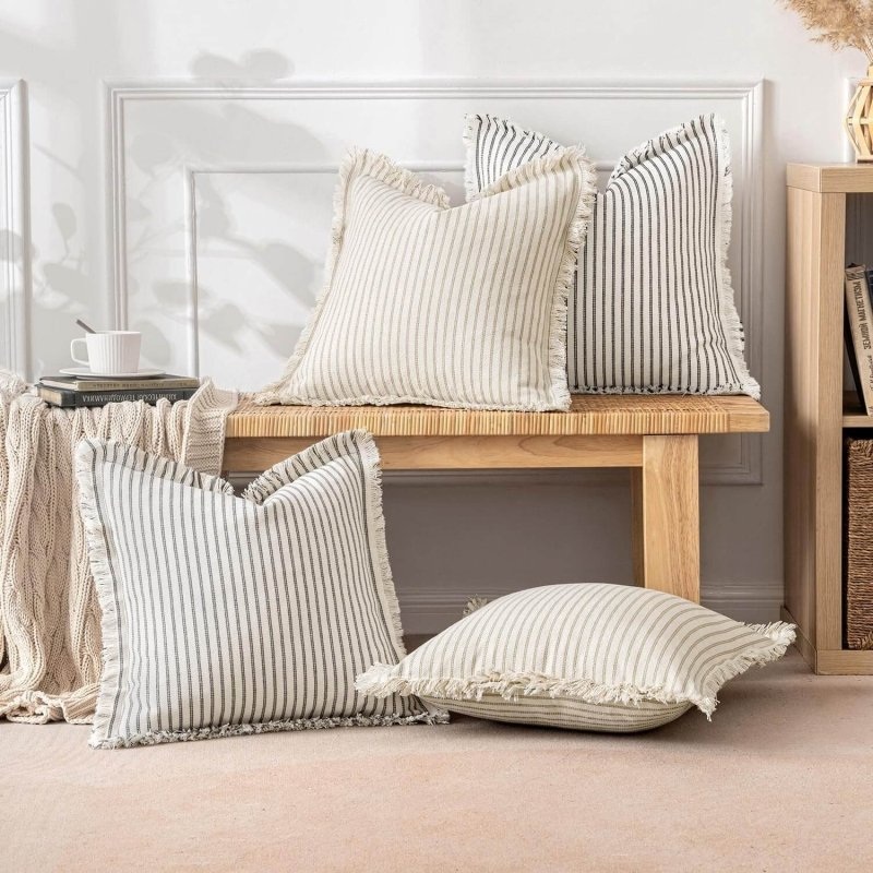 MIULEE Linen Striped Farmhouse Couch Throw Pillow Covers with Fringe (Pack of 2)