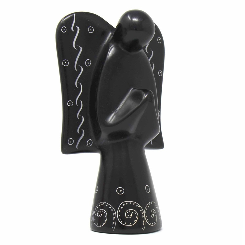 Soapstone Angel Sculpture – Black Finish with Etch Design