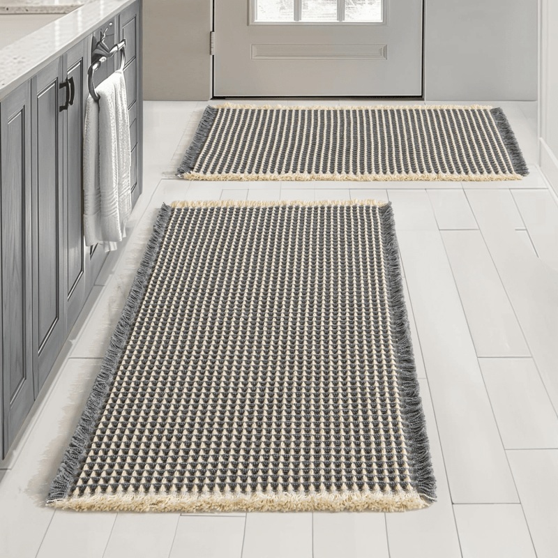 MIULEE Set of 2 Waffle Bath Mats Extra Soft Bathroom Rugs with Tassels, Super Absorbent Non Slip Bathroom Mats for Bathroom Floor, Machine Washable Shower Mats (Dark Grey & Yellow, 17×24 Inches)