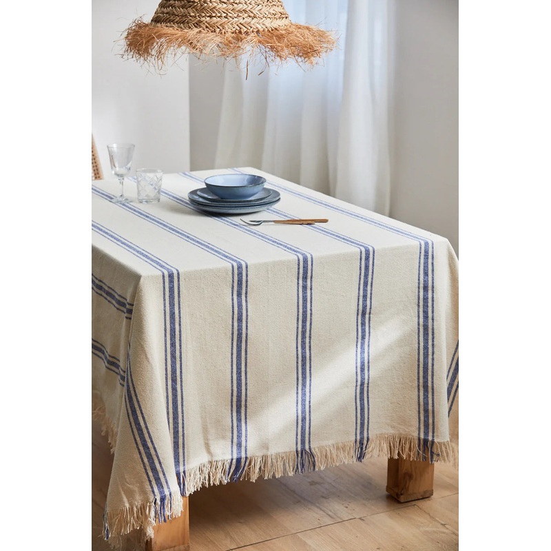 Mantel con raya tejida azul Bari