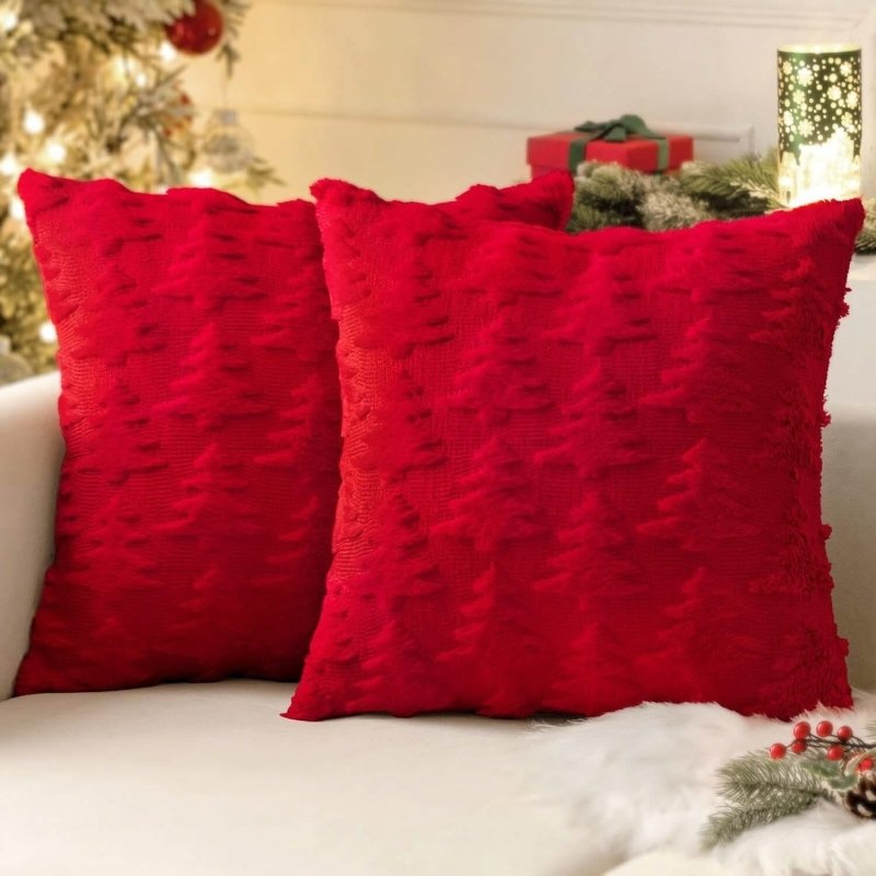 MIULEE Red Throw Pillow Covers Christmas Tree Decorative Pillow Covers 20×20 Inch Soft Plush Faux Wool Pillow Covers Set of 2 Farmhouse Couch Pillows Home Decors for Sofa Livingroom Bed