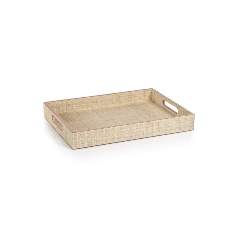 Lulu Natural Fiber Raffia Tray in Pink Leather Trim
