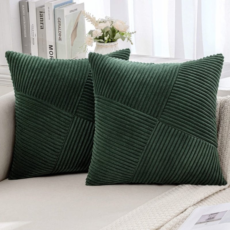 MIULEE Christmas Corduroy Throw Pillow Covers Pack of 2 Decorative Windmill Striped Spliced Soft Couch Pillowcases Boho Patchwork Cushion Covers for Living Room Bed Sofa 18×18 inch, Army Green