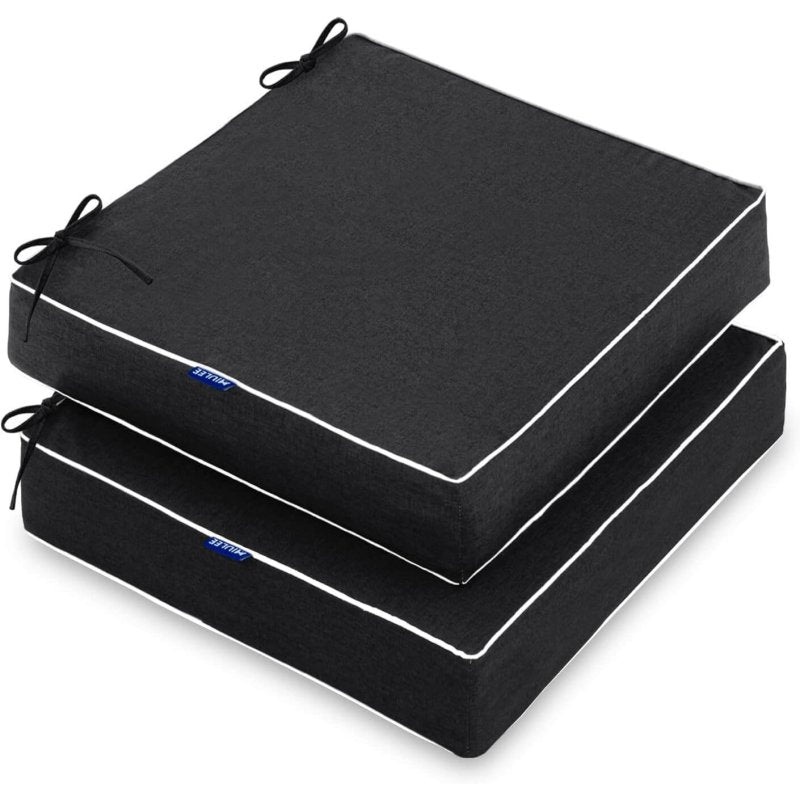 MIULEE 24 x 24 x 4 Inch Outdoor Chair Cushions,Waterproof Seat Cushions for Patio Furniture Garden with Ties Patio Chair Cushions Set of 2,Black