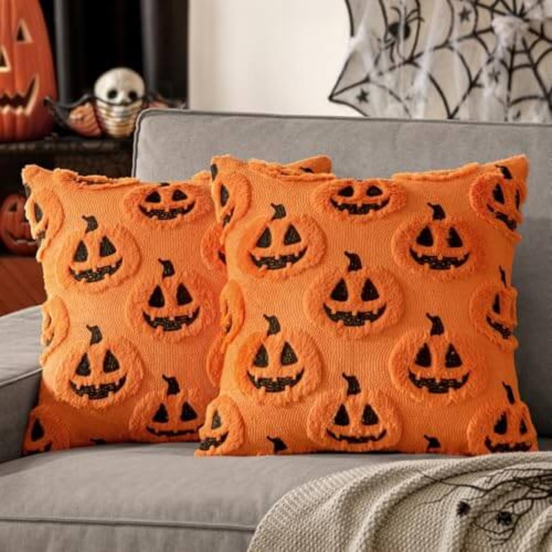 MIULEE Fall Halloween Throw Pillow Covers 18×18 Decorative Pumpkin Pattern Pillowcases Soft Plush Faux Wool Cushions for Home Patio Sofa Couch,Orange-Black