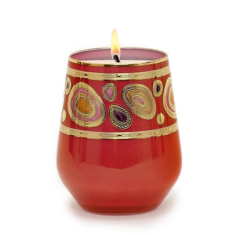 CRYSTAL CANDLES: Regalia Design Luxury Glass Candle with 14 Carats Gold finish – Orange-Red color (12 Oz)