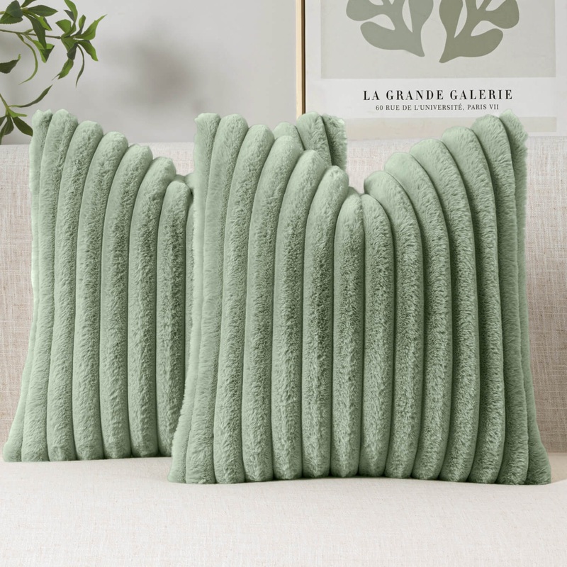 MIULEE Faux Fur Decorative Throw Pillow Covers 18×18 Inch Set of 2, Modern Spring Home Decor Soft Plush Couch Pillows Cozy Fluffy Cushion Covers for Sofa Bed Sage Green