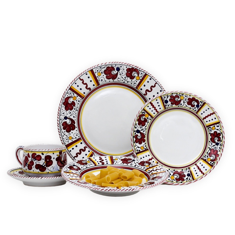 ORVIETO RED ROOSTER: 5 Pieces Dinnerware Place Setting – White Center