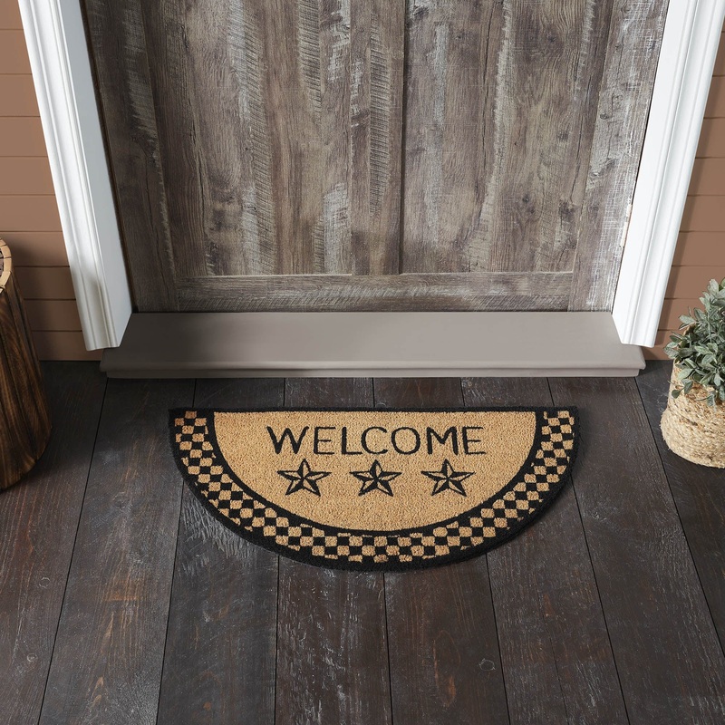 Black Check Stars Coir Welcome Rug Half Circle 16.5×33