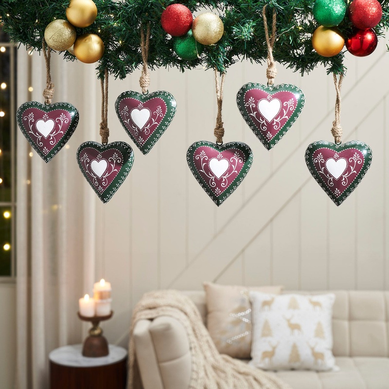 Burgundy Heritage Metal Heart Ornament Set of 6 – 5 inch