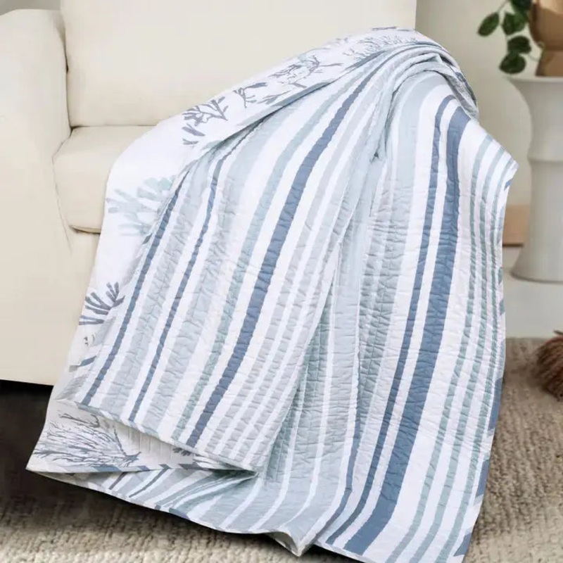 Truro Stripe Quilted Throw Coastal Bedding Throw Blankets – Blue