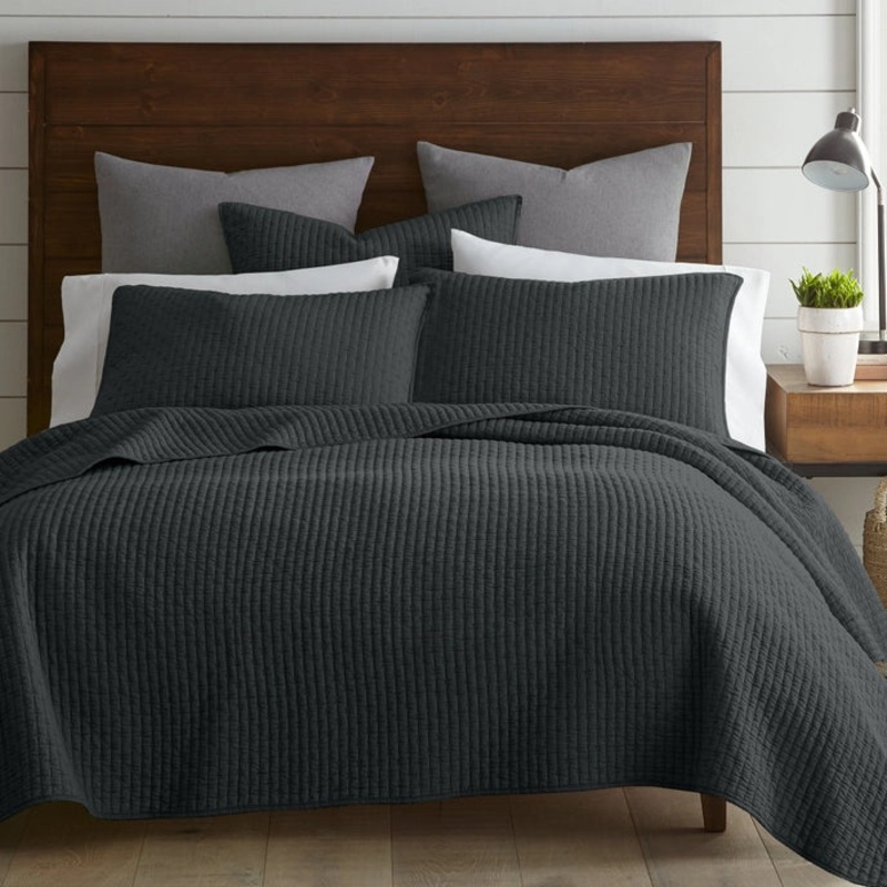 Beautiful Cross Stitch 100% Cotton Quilt Set – Charcoal