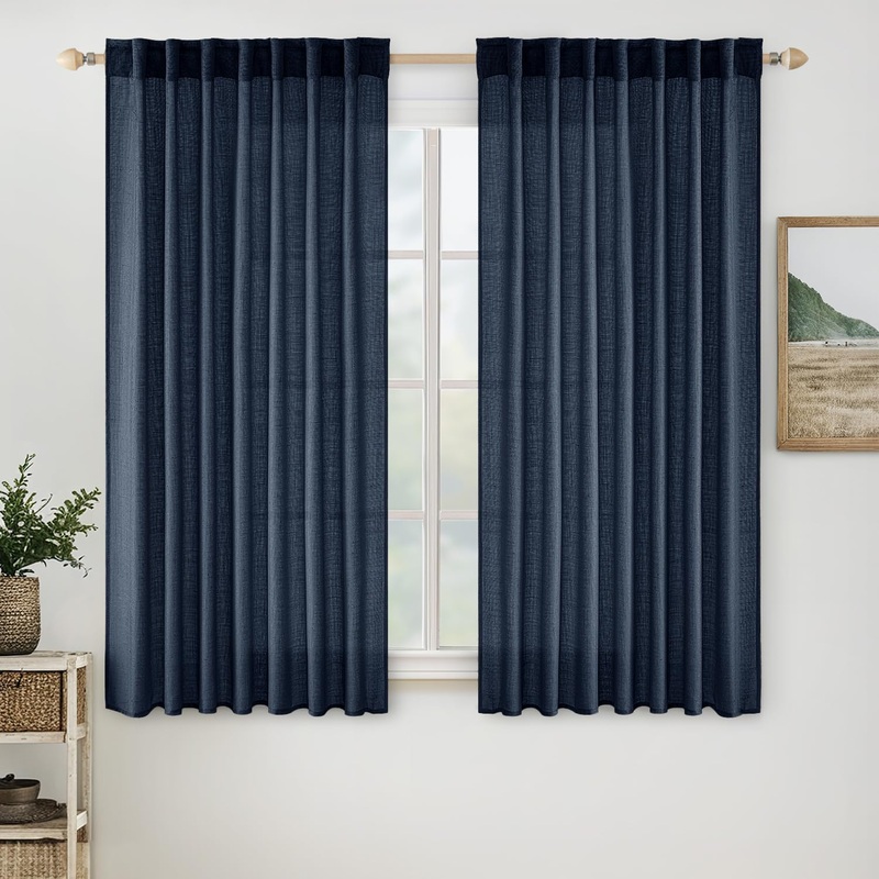 MIULEE Navy Blue Linen Curtains 63 Inch Length 2 Panels for Bedroom Living Room, Soft Thick Linen Textured Natural Window Drapes Semi Sheer Light Filtering Back Tab Rod Pocket Burlap Look Decor