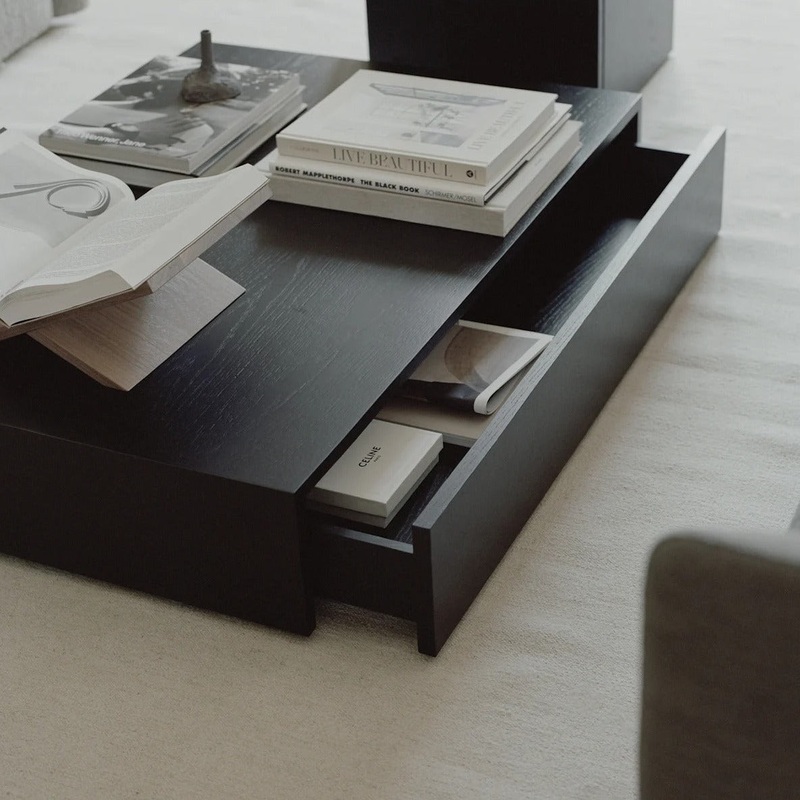 New Works Mass Wide Coffee Table (With drawer / Black Stained Oak) – Second Chance